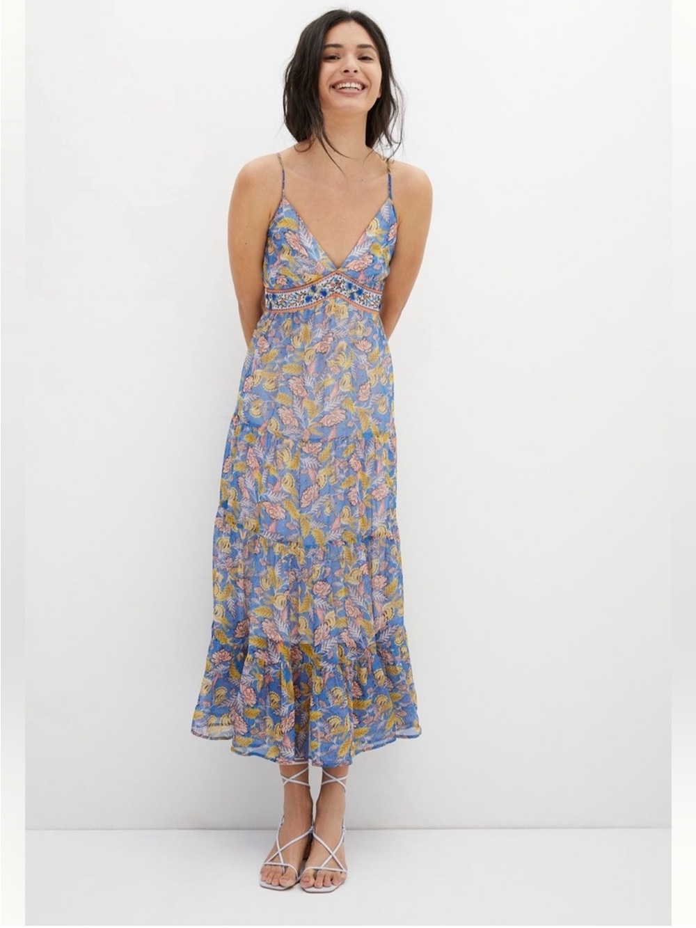 Anthropologie Blue Floral Spaghetti-Strap Maxi Dress